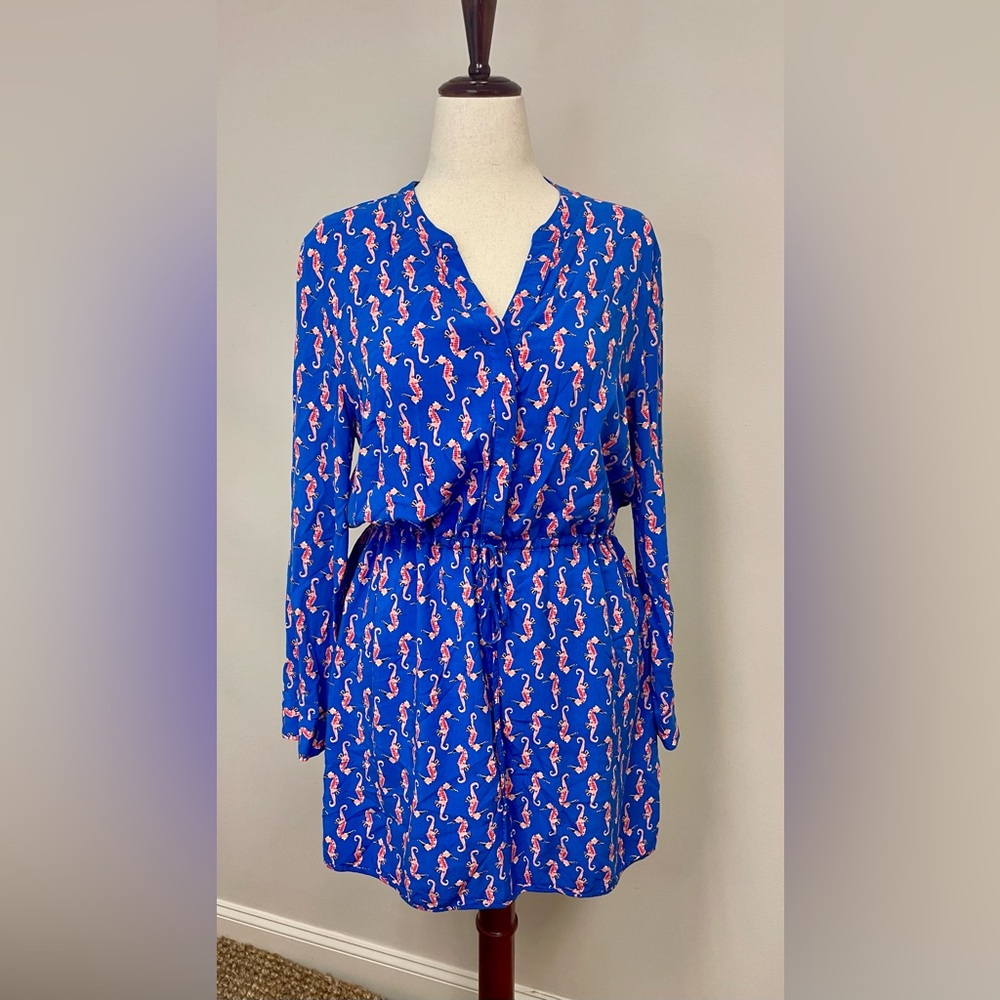 Crown & Ivy Blue Dress with Pink Seahorse Pattern